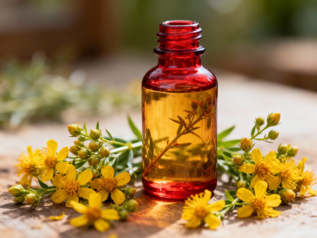 Millepertuis : Plante Anti-Dépressive, Bienfaits et Précautions 3 "Huile rouge de millepertuis en macération avec fleurs fraîches pour usage externe anti-inflammatoire