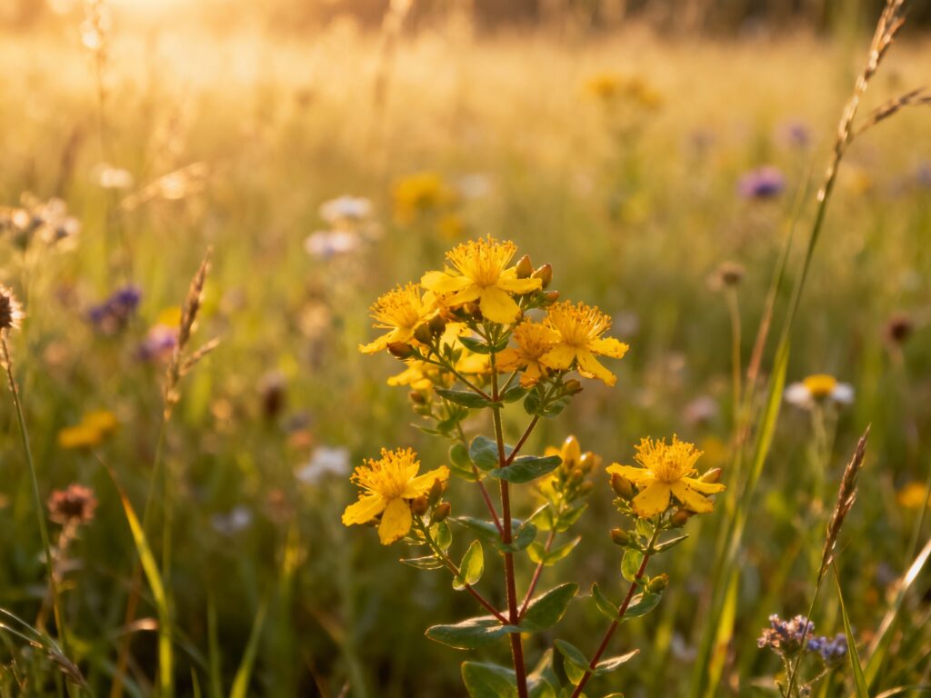 Millepertuis : Plante Anti-Dépressive, Bienfaits et Précautions 1 Millepertuis en pleine floraison avec fleurs jaunes dorées dans un pré ensoleillé, plante du soleil